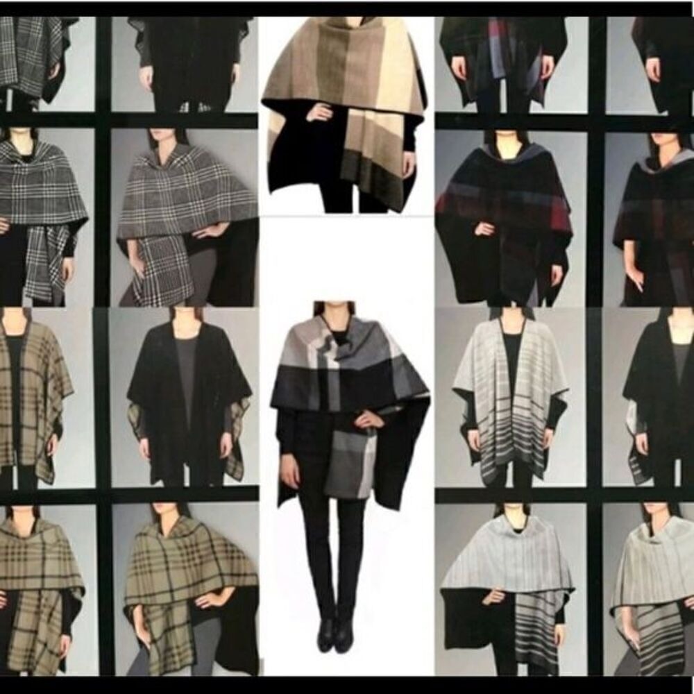 Ike Behar Womens Reversible Poncho Black Grey Crosshatch Pattern Open Front Wrap - Picture 8 of 8